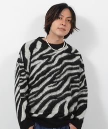 WJQ モヘアタッチ ルーズニット / 総柄 ニット プルオーバー オーバーサイズ