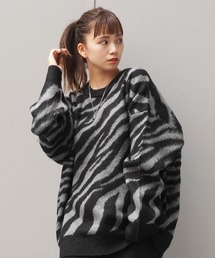 WJQ モヘアタッチ ルーズニット / 総柄 ニット プルオーバー オーバーサイズ