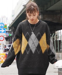 WJQ モヘアタッチ ルーズニット / 総柄 ニット プルオーバー オーバーサイズ