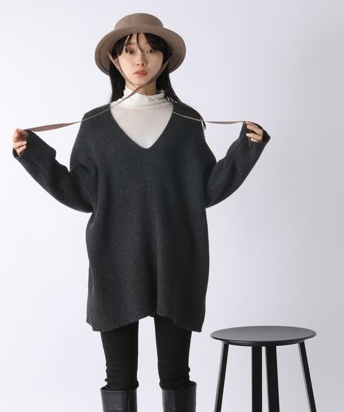 JEANASIS（ジーナシス）の「7G WアゼキリカエVプルオーバー/176295（ニット/セーター・レディース・チャコールグレー/ライトグレー/オレンジ・FREE）」の2枚目の写真