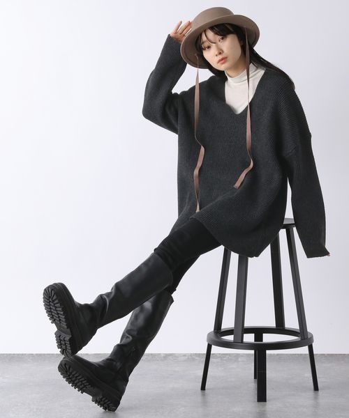 JEANASIS（ジーナシス）の「7G WアゼキリカエVプルオーバー/176295（ニット/セーター・レディース・チャコールグレー/ライトグレー/オレンジ・FREE）」の5枚目の写真