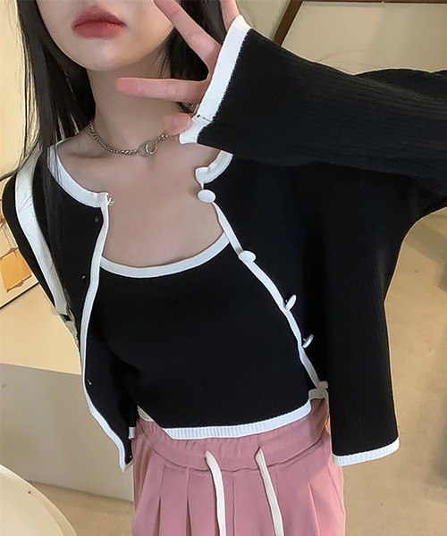 Girly Doll（ガーリードール）の「パイピングリブニットカーディガン＆キャミ ツーピースセット（アンサンブル・レディース・ブラック/グレー/グリーン・F）」の8枚目の写真