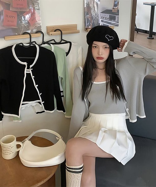 Girly Doll（ガーリードール）の「パイピングリブニットカーディガン＆キャミ ツーピースセット（アンサンブル・レディース・ブラック/グレー/グリーン・F）」の6枚目の写真