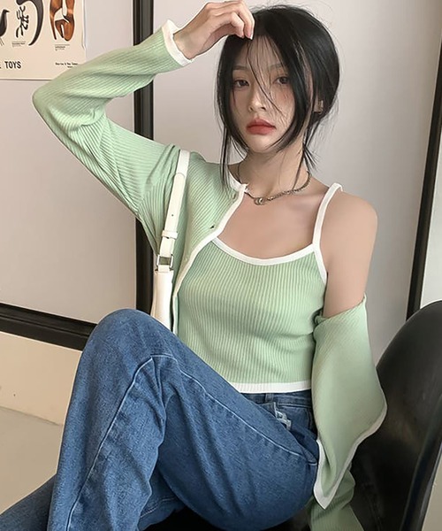 Girly Doll（ガーリードール）の「パイピングリブニットカーディガン＆キャミ ツーピースセット（アンサンブル・レディース・ブラック/グレー/グリーン・F）」の15枚目の写真