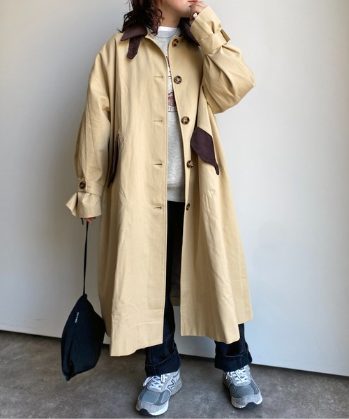 CPCM（シーピーシーエム）の「襟配色袖ボリュームステンカラーコート（ステンカラーコート・レディース・ライトベージュ/カーキ/グレー・FREE）」の4枚目の写真