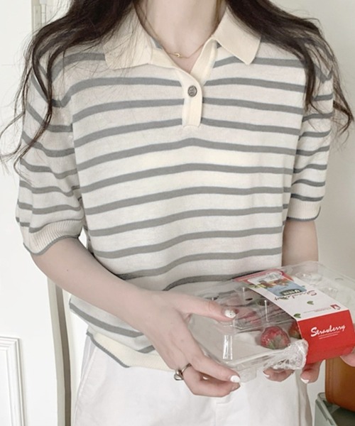 Girly Doll(ガーリードール)の「ボーダーポロシャツ(ニット/セーター・レディース・ボルドー/ブルー/ブラック/グリーン/ベージュ/ピンク/グレー・F)」の3枚目の写真