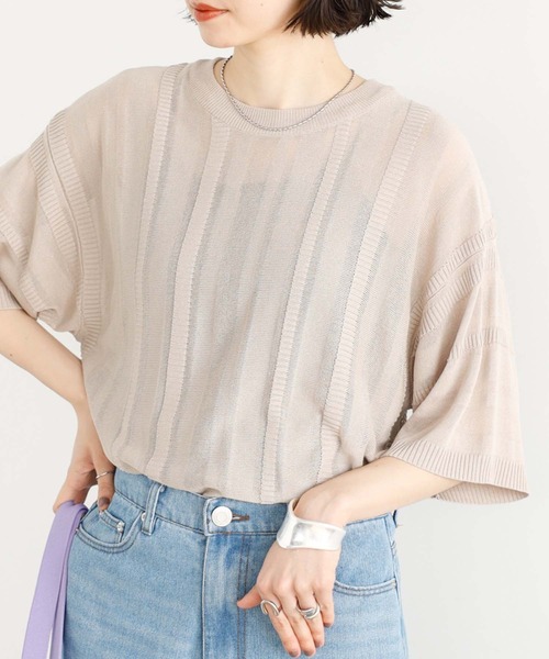 GeeRA(ジーラ)の「ジャカードストライプシアーニット(ニット/セーター・レディース・ピンク/ベージュ/ブラック・LARGE/MEDIUM)」の3枚目の写真