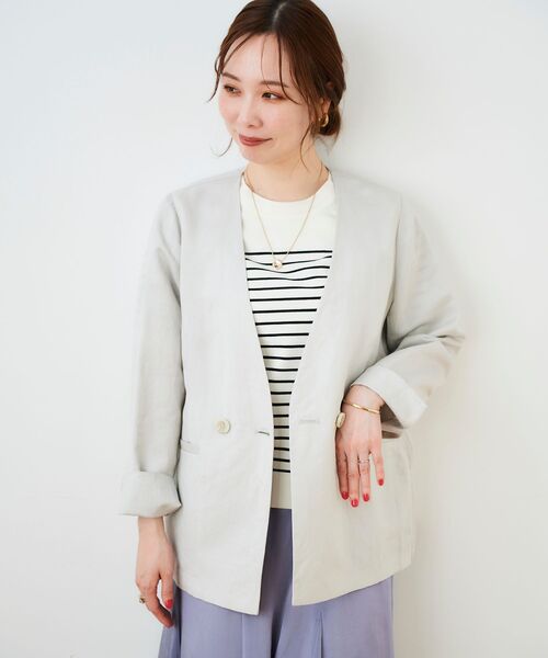 le.coeur blanc(ルクールブラン)の「イージーケア麻ノーカラージャケット(ノーカラージャケット・レディース・ライトベージュ/キャメル/ネイビー・38)」の2枚目の写真