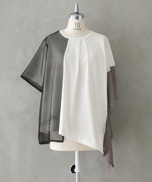 kOhAKU（コハク）の「『異素材アシメメッシュカットソー』（Tシャツ/カットソー・レディース・ブラック/オフホワイト・FREE）」の7枚目の写真