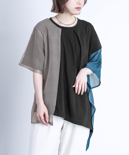 kOhAKU（コハク）の「『異素材アシメメッシュカットソー』（Tシャツ/カットソー・レディース・ブラック/オフホワイト・FREE）」の17枚目の写真