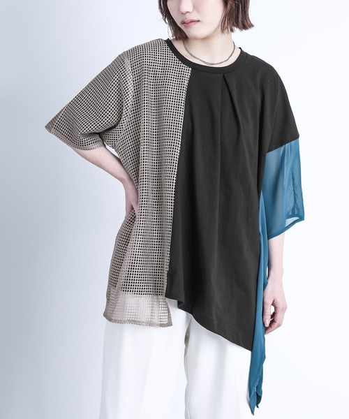 kOhAKU（コハク）の「『異素材アシメメッシュカットソー』（Tシャツ/カットソー・レディース・ブラック/オフホワイト・FREE）」の18枚目の写真