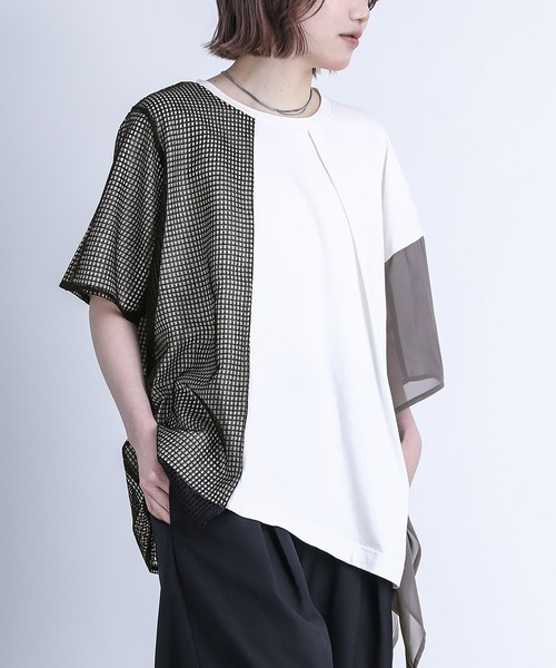 kOhAKU（コハク）の「『異素材アシメメッシュカットソー』（Tシャツ/カットソー・レディース・ブラック/オフホワイト・FREE）」の20枚目の写真