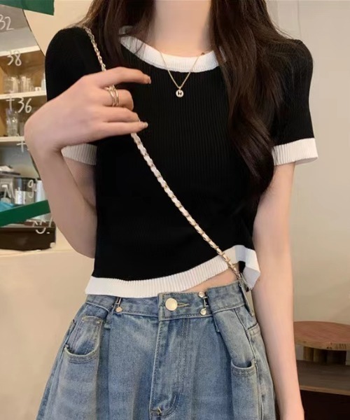 Sibra(シブラ)の「配色ニットトップス(Tシャツ/カットソー・レディース・ホワイト/ベージュ/ブラック・M)」の8枚目の写真