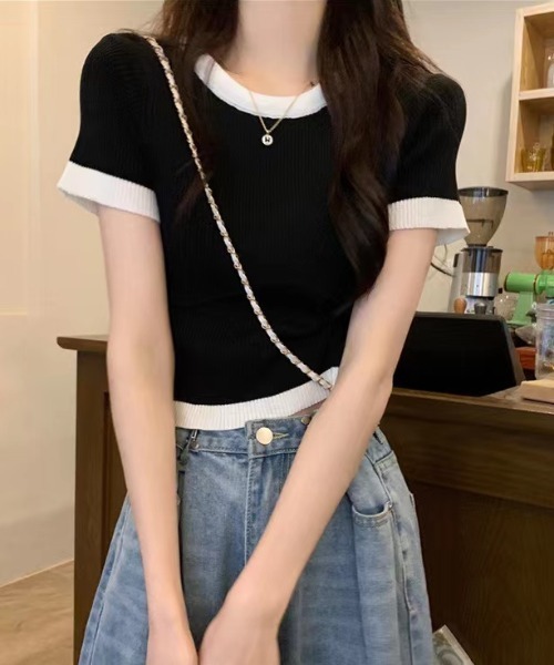 Sibra(シブラ)の「配色ニットトップス(Tシャツ/カットソー・レディース・ホワイト/ベージュ/ブラック・M)」の12枚目の写真