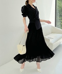 【丈が選べる】プリーツ半袖ジャケットワンピース