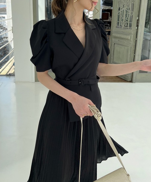 ROYAL PARTY（ロイヤルパーティー）の「【丈が選べる】プリーツ半袖ジャケットワンピース（ワンピース・レディース・オフホワイト/ブラック・FREE/SHORT）」の16枚目の写真