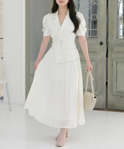 ROYAL PARTY（ロイヤルパーティー）の「【丈が選べる】プリーツ半袖ジャケットワンピース（ワンピース・レディース・オフホワイト/ブラック・FREE/SHORT）」の4枚目の写真