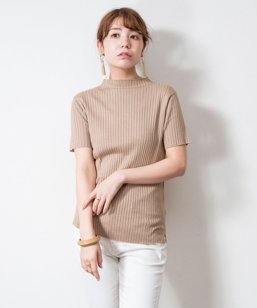 atONE(アットワン)の「atONE プチハイネックハーフスリーブサマーニット(ニット/セーター・レディース・ブルー/ブラック/グレイッシュベージュ/オフホワイト・M-L/LL~3L/4L~5L)」の3枚目の写真