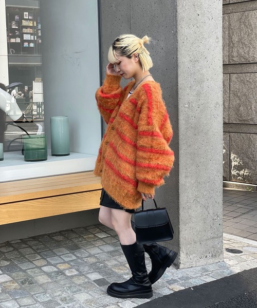 CIAOPANIC（チャオパニック）の「ボーダーシャギーカーディガン（カーディガン/ボレロ・レディース・オレンジ/チャコールグレー/アイボリー・M/L）」の6枚目の写真