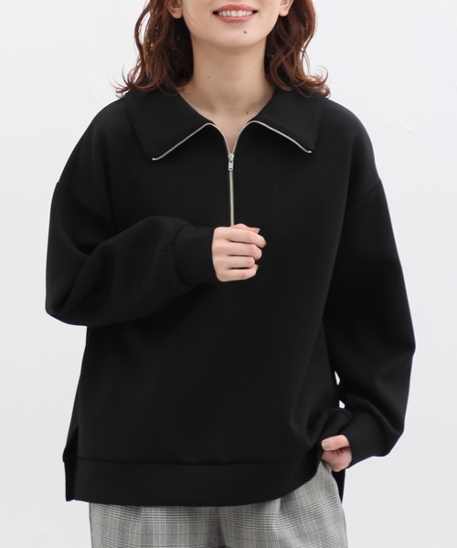 Honeys（ハニーズ）の「ハーフジップゆるトップススウェット（スウェット・レディース・アイボリー/グレイッシュベージュ/モカ/ブラック/オリーブ・L/S/LL/M）」の3枚目の写真