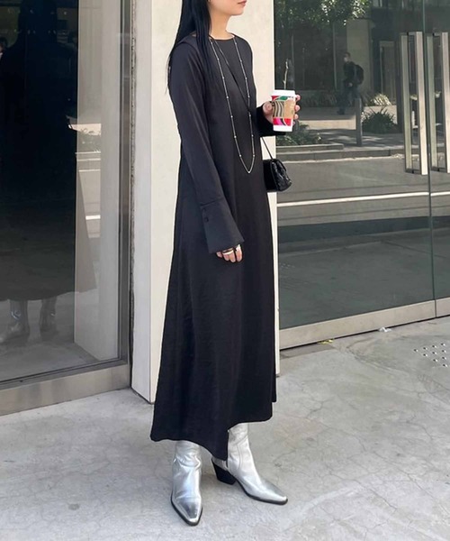 AMERI / ACCESSORY BUTTON SATIN DRESS/S/ポリエステル/BLK/02320541260 Ameri（アメリ）の「ACCESSORY BUTTON SATIN DRESS（ワンピース）」 - WEAR