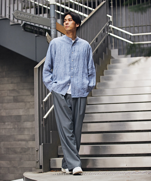 B.C STOCK(ベーセーストック)の「リネンバンドカラーシャツ(シャツ/ブラウス・メンズ・ブラック/ベージュ系その他/カーキ/ダークブルー・MEDIUM/LARGE)」の5枚目の写真