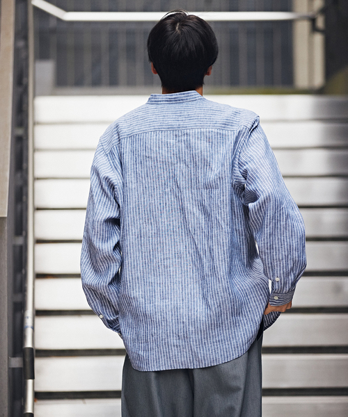 B.C STOCK(ベーセーストック)の「リネンバンドカラーシャツ(シャツ/ブラウス・メンズ・ブラック/ベージュ系その他/カーキ/ダークブルー・MEDIUM/LARGE)」の7枚目の写真