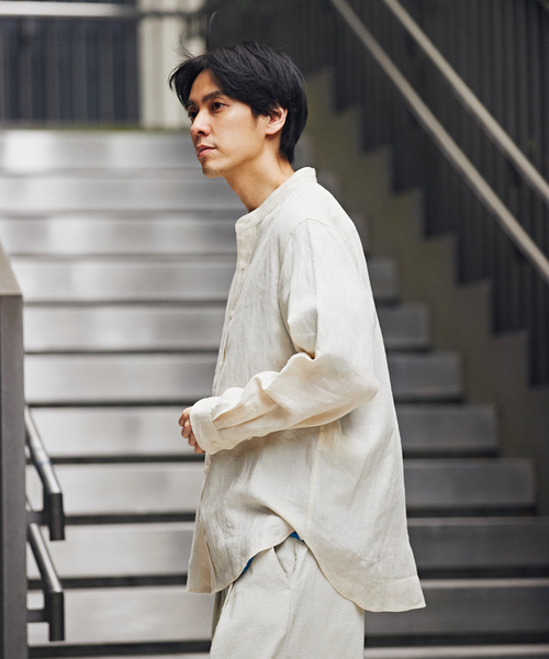B.C STOCK(ベーセーストック)の「リネンバンドカラーシャツ(シャツ/ブラウス・メンズ・ブラック/ベージュ系その他/カーキ/ダークブルー・MEDIUM/LARGE)」の12枚目の写真