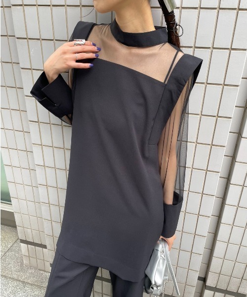 AIC. エーアイシー シースルー切替トップス/センタースリットスラックス シースルー切り替えトップス/セットアップ可能/オケージョン対応