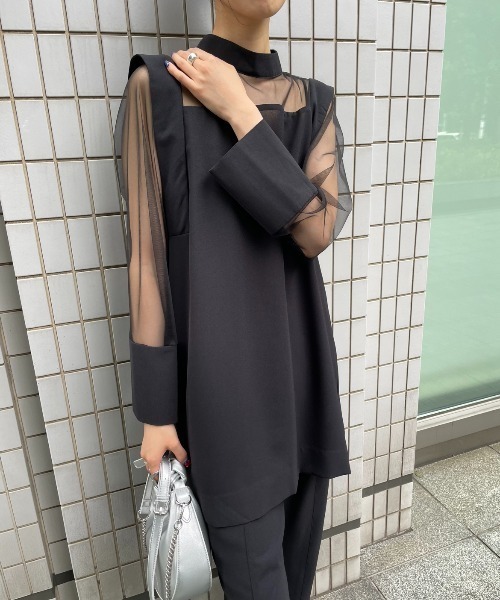 AIC. エーアイシー シースルー切替トップス/センタースリットスラックス シースルー切り替えトップス/セットアップ可能/オケージョン対応