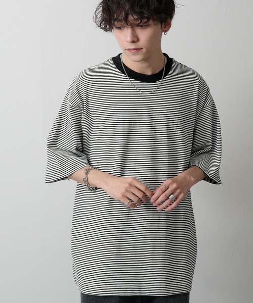 MONO-MART(モノマート)の「ボーダーアソート リラックスルーズベーシック ヘビーウェイトコットンカットソー(Tシャツ/カットソー・メンズ・チャコール/オフホワイト/グレイッシュブルー/アッシュブラウン/ダークネイビー/ホワイト系/ブラック・L/M)」の12枚目の写真