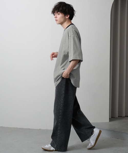 MONO-MART(モノマート)の「ボーダーアソート リラックスルーズベーシック ヘビーウェイトコットンカットソー(Tシャツ/カットソー・メンズ・チャコール/オフホワイト/グレイッシュブルー/アッシュブラウン/ダークネイビー/ホワイト系/ブラック・L/M)」の15枚目の写真