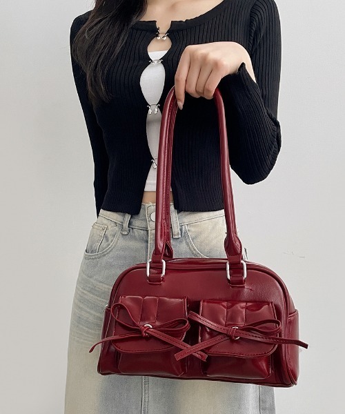 gossip！ロサンゼルス（ゴシップロサンゼルス）の「Y2K  【 8色展開 】  ダブルリボンデザイン ハンドバッグ/ペットボトル収納（トートバッグ・レディース・シルバー/ピンク/ホワイト/ブラック/ワイン/ブラウン/ダークブラウン/ボルドー/エンジ・FREE）」の9枚目の写真