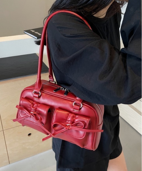 gossip！ロサンゼルス（ゴシップロサンゼルス）の「Y2K  【 8色展開 】  ダブルリボンデザイン ハンドバッグ/ペットボトル収納（トートバッグ・レディース・シルバー/ピンク/ホワイト/ブラック/ワイン/ブラウン/ダークブラウン/ボルドー/エンジ・FREE）」の8枚目の写真