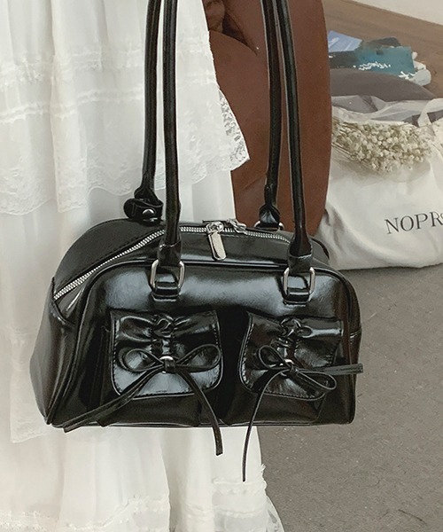 gossip！ロサンゼルス（ゴシップロサンゼルス）の「Y2K  【 8色展開 】  ダブルリボンデザイン ハンドバッグ/ペットボトル収納（トートバッグ・レディース・シルバー/ピンク/ホワイト/ブラック/ワイン/ブラウン/ダークブラウン/ボルドー/エンジ・FREE）」の13枚目の写真