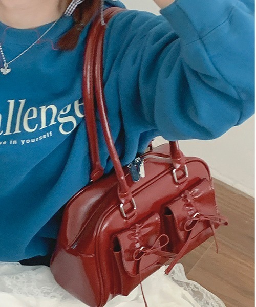 gossip！ロサンゼルス（ゴシップロサンゼルス）の「Y2K  【 8色展開 】  ダブルリボンデザイン ハンドバッグ/ペットボトル収納（トートバッグ・レディース・シルバー/ピンク/ホワイト/ブラック/ワイン/ブラウン/ダークブラウン/ボルドー/エンジ・FREE）」の14枚目の写真