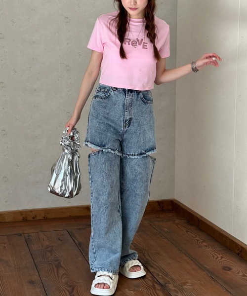 Per sist ence(パーシエンス)の「ラインストーンクロップドTシャツ(Tシャツ/カットソー・レディース・ピンク/ブラック/カーキ/オフホワイト/チャコールグレー・FREE)」の6枚目の写真