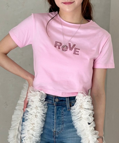 【関税込み】AREA ピンク Bustier Cup ラインストーン Tシャツ セール】ラインストーンクロップドTシャツ(Tシャツ/カットソー