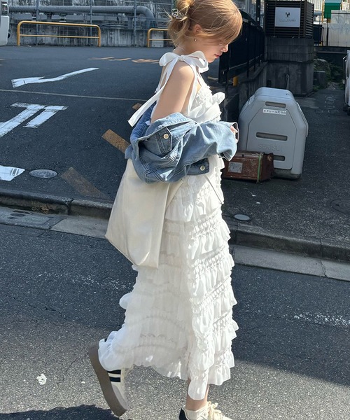 RiLi（リリ）の「肩リボンティアードキャミワンピ【RL】（ワンピース・レディース・ホワイト/ブラック/アイボリー・FREE）」の2枚目の写真