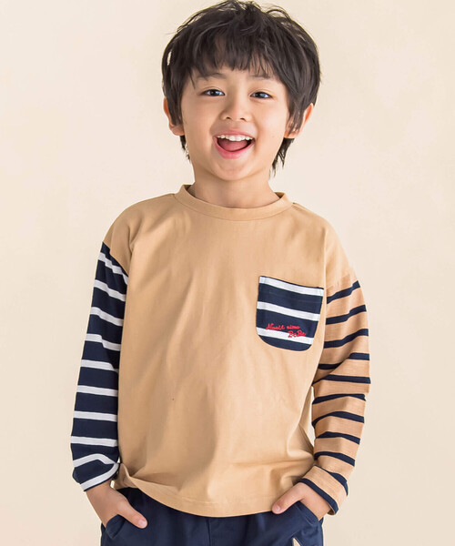 Noeil aime BeBe(ノイユエイムベベ)の「バスクボーダー配色Tシャツ(90~130cm)(Tシャツ/カットソー・キッズ・ネイビー系/ベージュ系・80cm/90cm/100cm/110cm/120cm/130cm)」の2枚目の写真