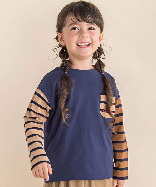 Noeil aime BeBe(ノイユエイムベベ)の「バスクボーダー配色Tシャツ(90~130cm)(Tシャツ/カットソー・キッズ・ネイビー系/ベージュ系・80cm/90cm/100cm/110cm/120cm/130cm)」の1枚目の写真