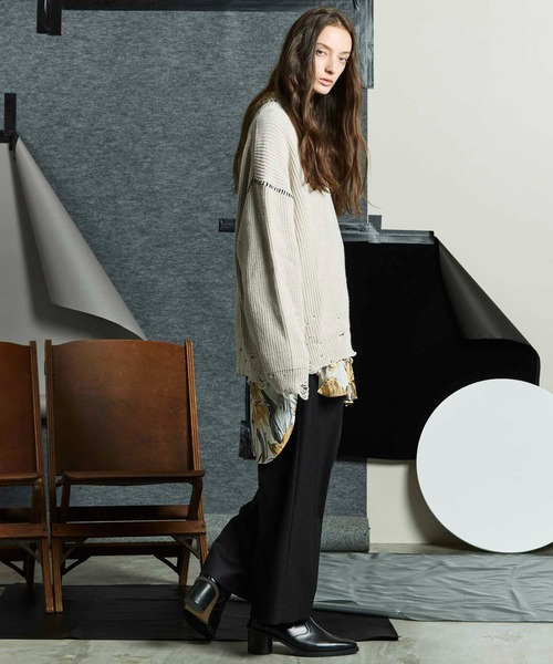 UNISEX》Embroidery Damage Prime-Over Crew Neck Knit Pullover/エン