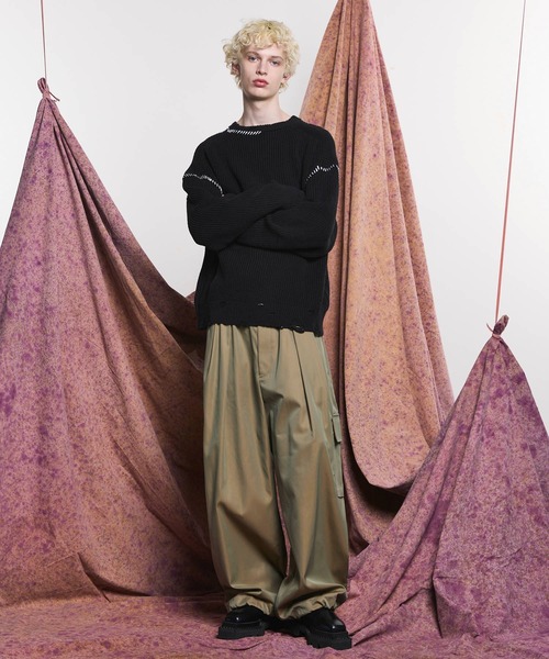 REPUBLIC＆CO プルオーバーウェア クリーム色　上下セット UNISEX》Embroidery Damage Prime-Over Crew Neck Knit Pullover