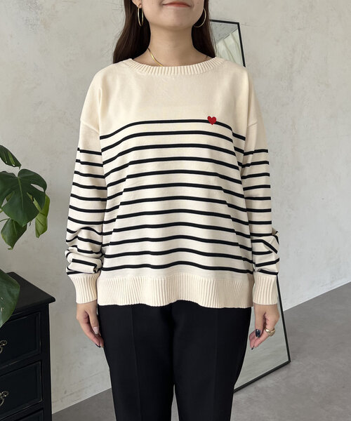 prose verse（プロズヴェール）の「ハート刺繍ボートネックボーダーニット（ニット/セーター・レディース・ブラック/アイボリー・LARGE/MEDIUM）」の15枚目の写真