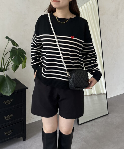 prose verse（プロズヴェール）の「ハート刺繍ボートネックボーダーニット（ニット/セーター・レディース・ブラック/アイボリー・LARGE/MEDIUM）」の21枚目の写真