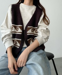 KAPITAL / ニットベスト(厚手)/L/ウール/ブラウン/総柄/ウェアアイル柄/毛玉有 CANAL JEAN（キャナルジーン）の「El mar フェアアイル柄ニットベスト