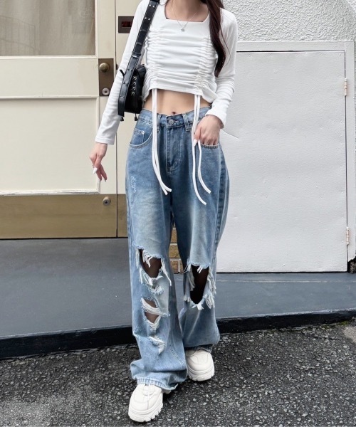 nemne store(ネンネストア)の「《Delfy》ギャザーリボンデザイントップス(シャツ/ブラウス・レディース・ホワイト/ブラック/グレー・フリー)」の7枚目の写真