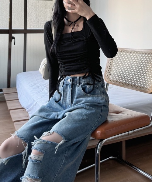 nemne store(ネンネストア)の「《Delfy》ギャザーリボンデザイントップス(シャツ/ブラウス・レディース・ホワイト/ブラック/グレー・フリー)」の19枚目の写真
