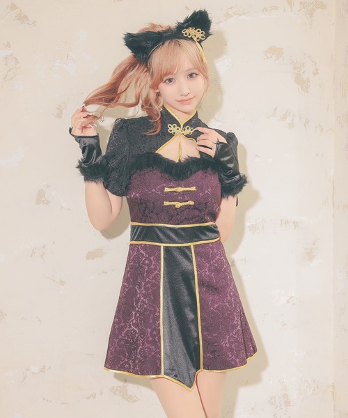 コスプレ チャイナ かわいい ネコ アニマル サテンジャガード バストカット ワンピース 3点セット