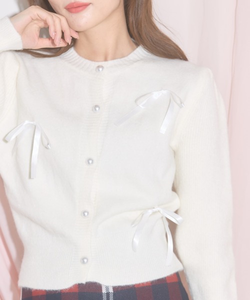 tocco closet（トッコ　クローゼット）の「【ZOZO限定】サテンリボン×パール釦カーディガン（カーディガン/ボレロ・レディース・グレー/ブラック/アイボリー・M）」の12枚目の写真